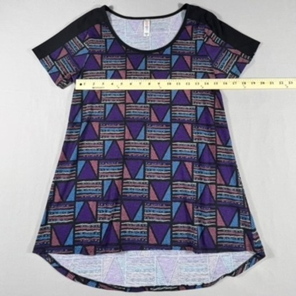LuLaRoe Perfect T Tunic Top Womens XS Purple Geometric High Low Short Sleeve - Picture 4 of 10